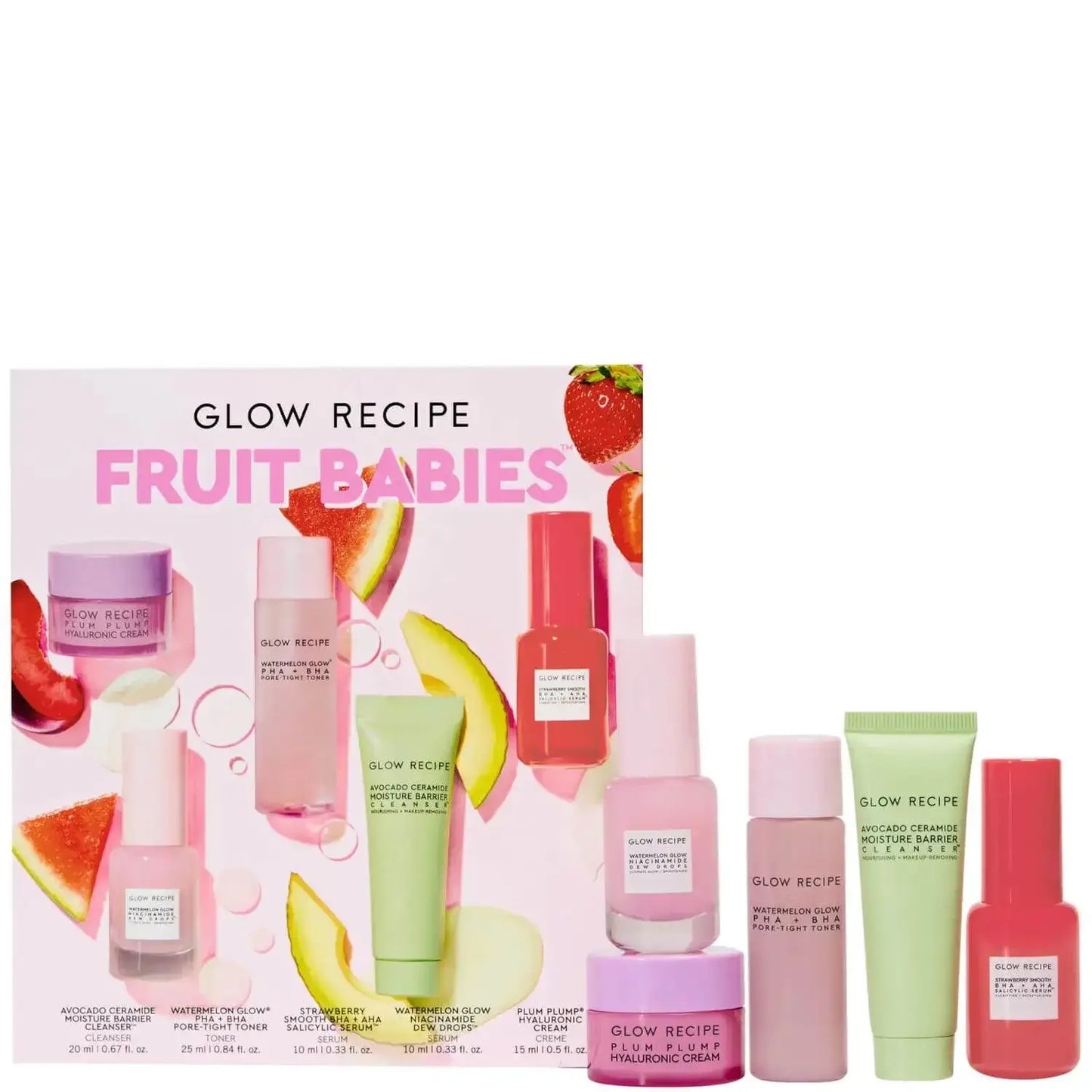 Glow Recipe Fruit Babies Set featuring five fruit-infused skincare minis for a radiant glow.