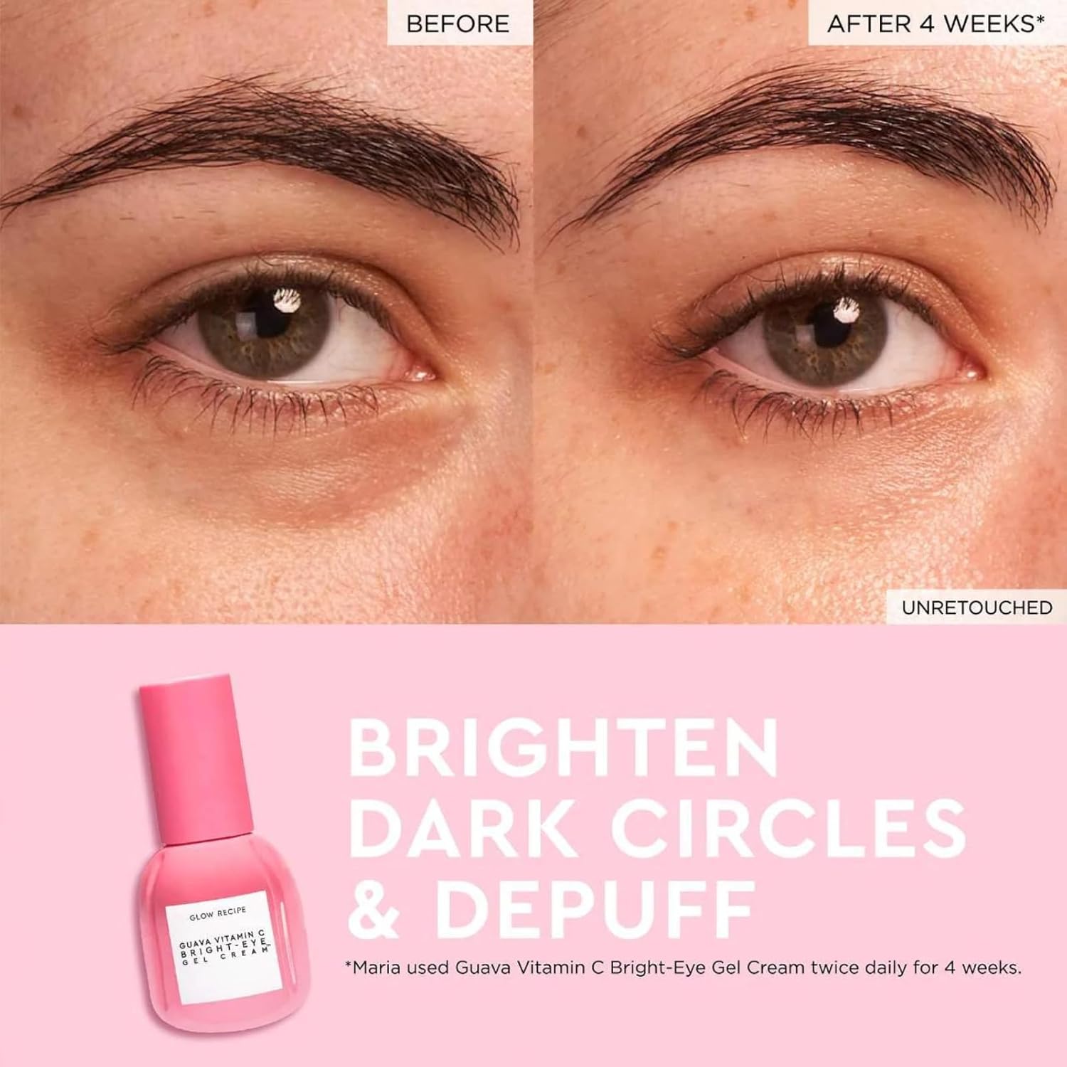 Glow Recipe before and after results showcasing reduction of dark circles and puffiness with Guava Vitamin C Bright-Eye Gel Cream.