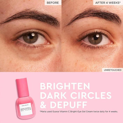 Glow Recipe before and after results showcasing reduction of dark circles and puffiness with Guava Vitamin C Bright-Eye Gel Cream.