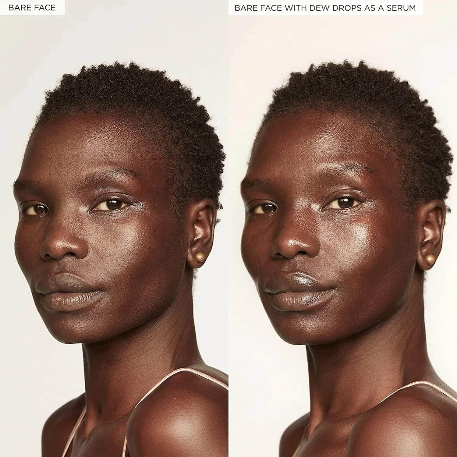 Side-by-side comparison of a woman's face with and without Glow Recipe dew drops, on a plain background.