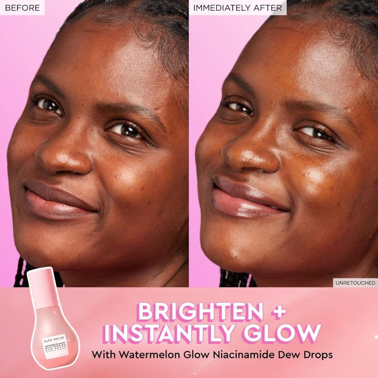 Before and after Glow Recipe comparison of a woman's face with product packaging, on a pink background.