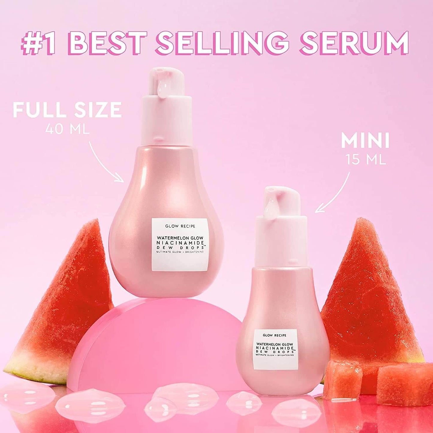 Two bottles of Glow Recipe serum with watermelon slices on a pink background, labeled as #1 best selling serum.