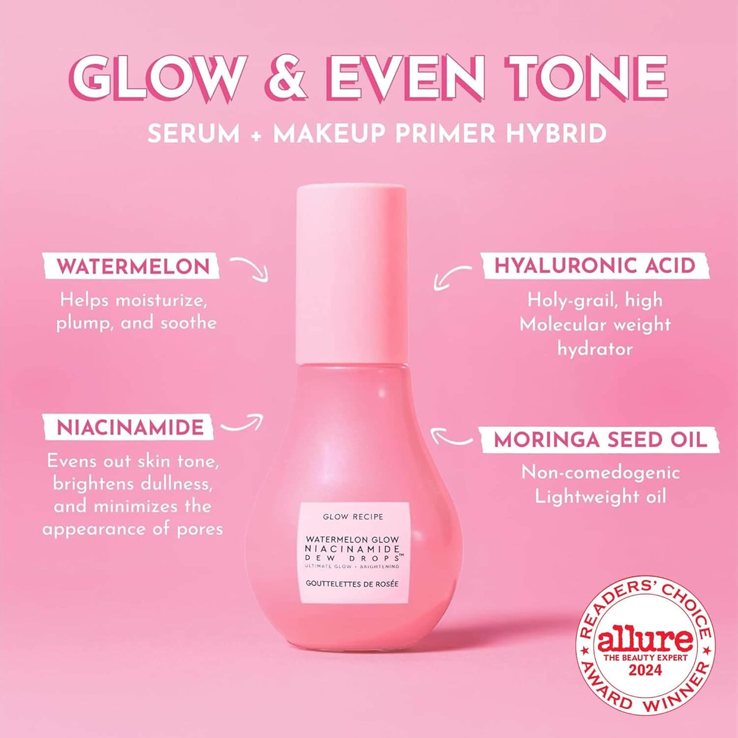 Glow Recipe Pink serum bottle with text on a pink background, featuring ingredients and benefits.
