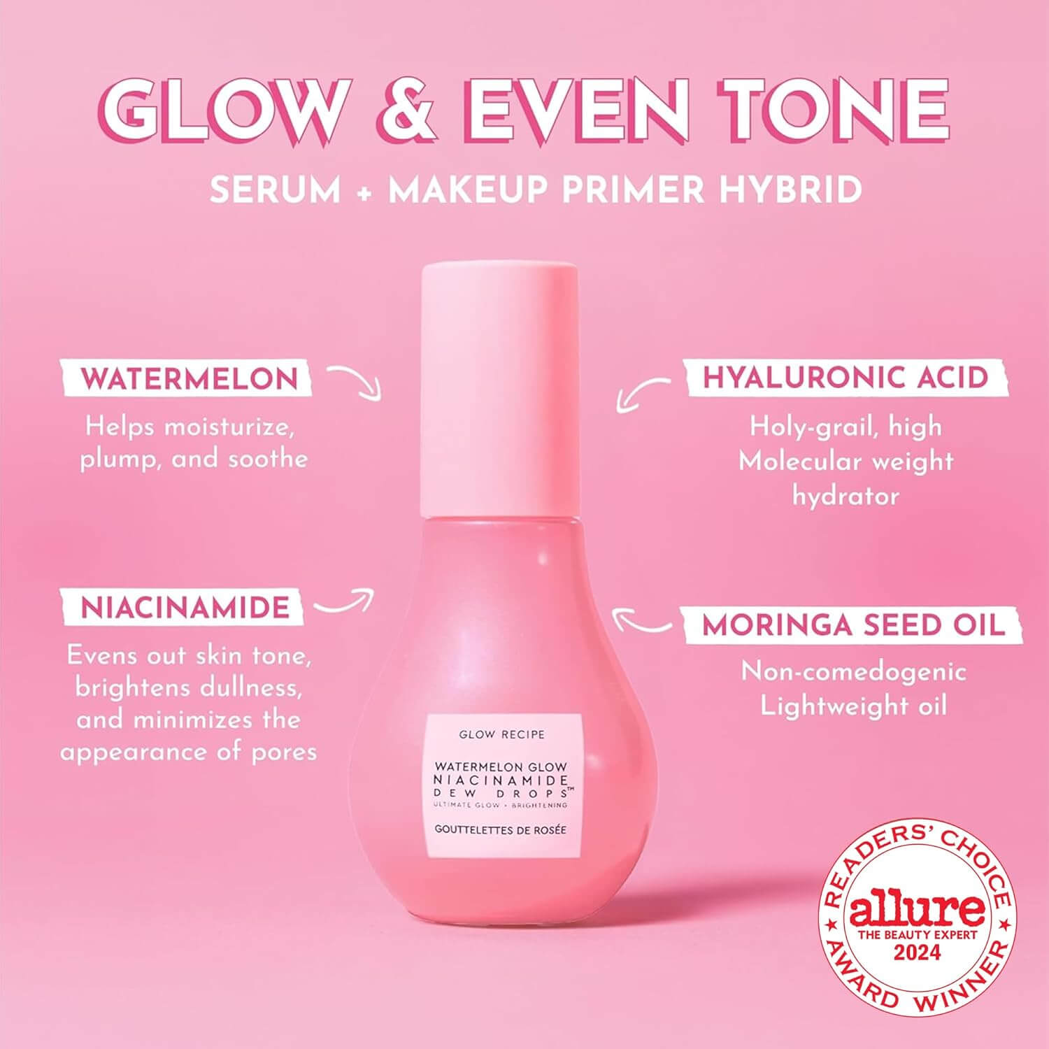 Glow Recipe Pink serum bottle with text on a pink background, featuring ingredients and benefits.