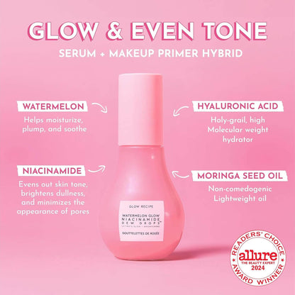 Glow Recipe Pink serum bottle with text on a pink background, featuring ingredients and benefits.