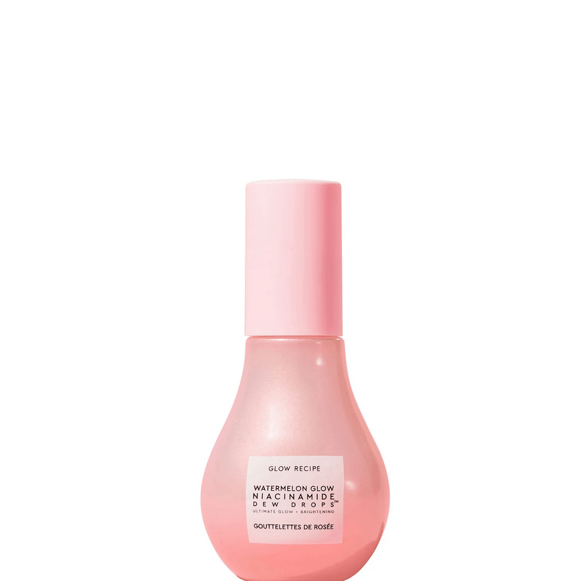 Glow Recipe Watermelon Glow Niacinamide Dew Drops bottle for radiant skin, featuring a pink design and lightweight formula.