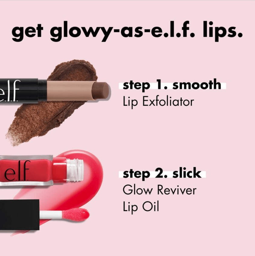 Step-by-step guide to achieving glowy lips using e.l.f. Lip Exfoliator and Glow Reviver Lip Oil.