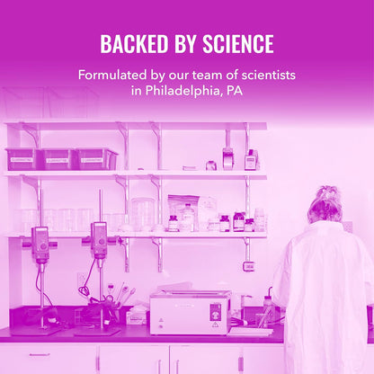 Good Molecules Laboratory setting with scientific equipment and a person in a lab coat, text 'Backed by Science' and 'Formulated by our team of scientists in Philadelphia, PA'.