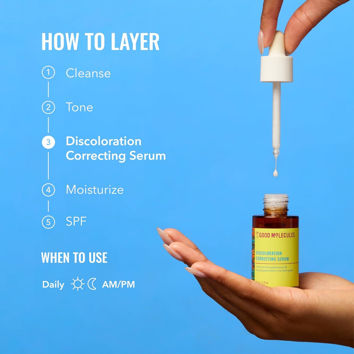 Good Molecules  Discoloration correcting serum being applied with a dropper on a blue background