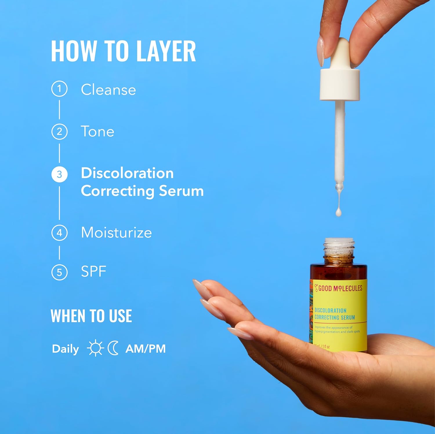 Good Molecules  Discoloration correcting serum being applied with a dropper on a blue background