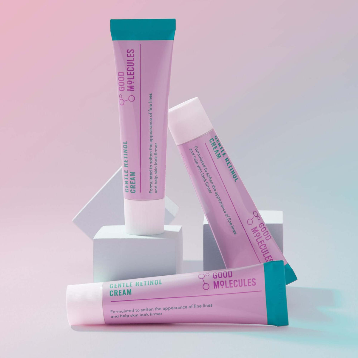 Good Molecules Gentle Retinol Cream tubes on display; formulated to improve fine lines and uneven skin tone.