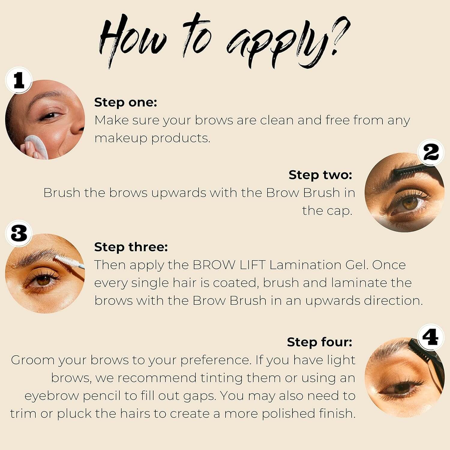 Infographic on how to apply GOSH Copenhagen Brow Lift - four steps for brow lamination tutorial.
