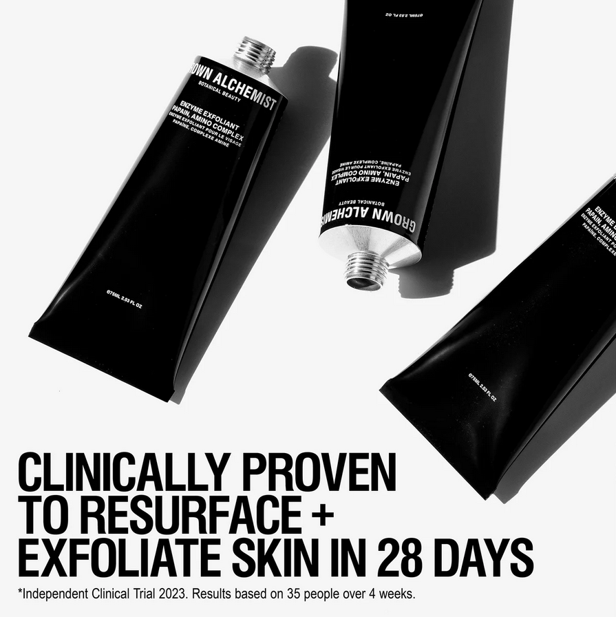 Grown Alchemist skincare products with text claiming clinical provenance on a white background