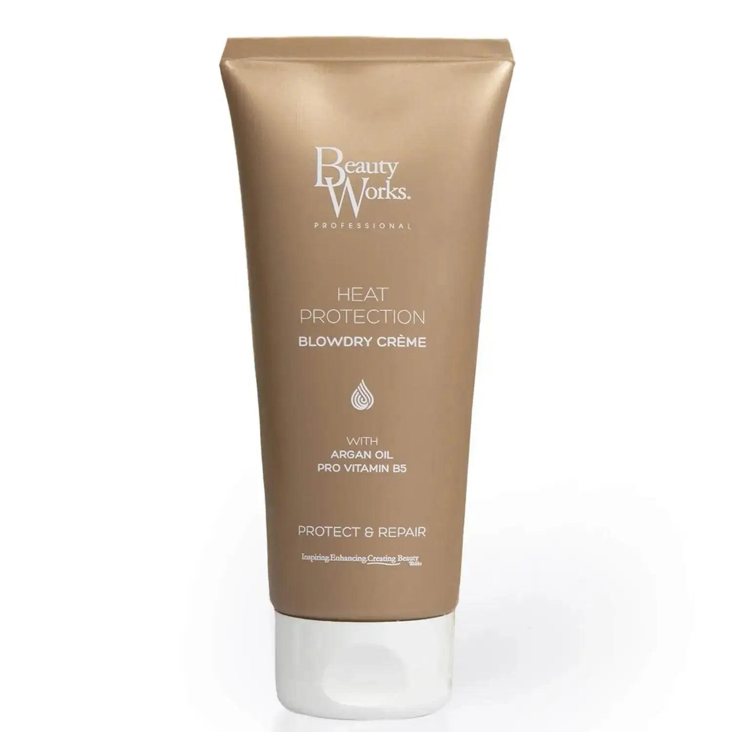 Beauty Works Blowdry Crème 100ml tube featuring argan oil and pro vitamin B5 for heat protection and styling.