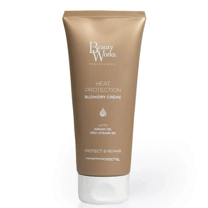 Beauty Works Blowdry Crème 100ml tube featuring argan oil and pro vitamin B5 for heat protection and styling.
