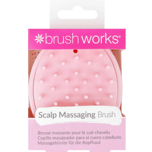 Brushworks Scalp Massaging Brush packaging, designed for gentle scalp care and product buildup removal, pink color.