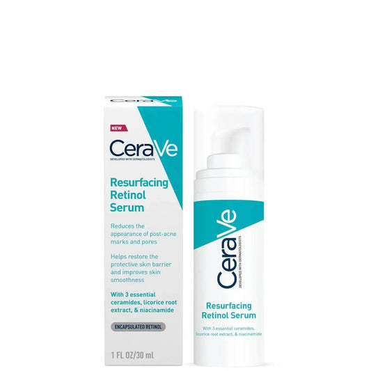 CeraVe Resurfacing Retinol Serum 30ml with Ceramides and Niacinamide for blemish-prone skin, reduces post-acne marks.