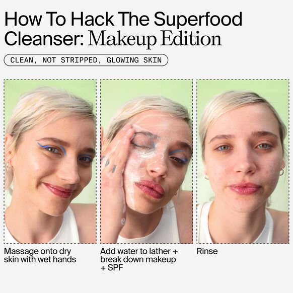 Step-by-step guide on using a Youth To The People superfood cleanser with a woman applying it to her face.