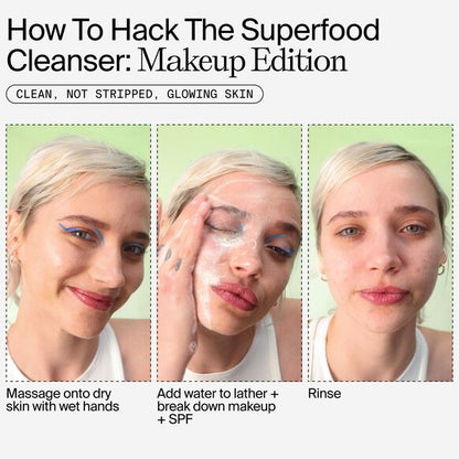 Step-by-step guide on using a Youth To The People superfood cleanser with a woman applying it to her face.