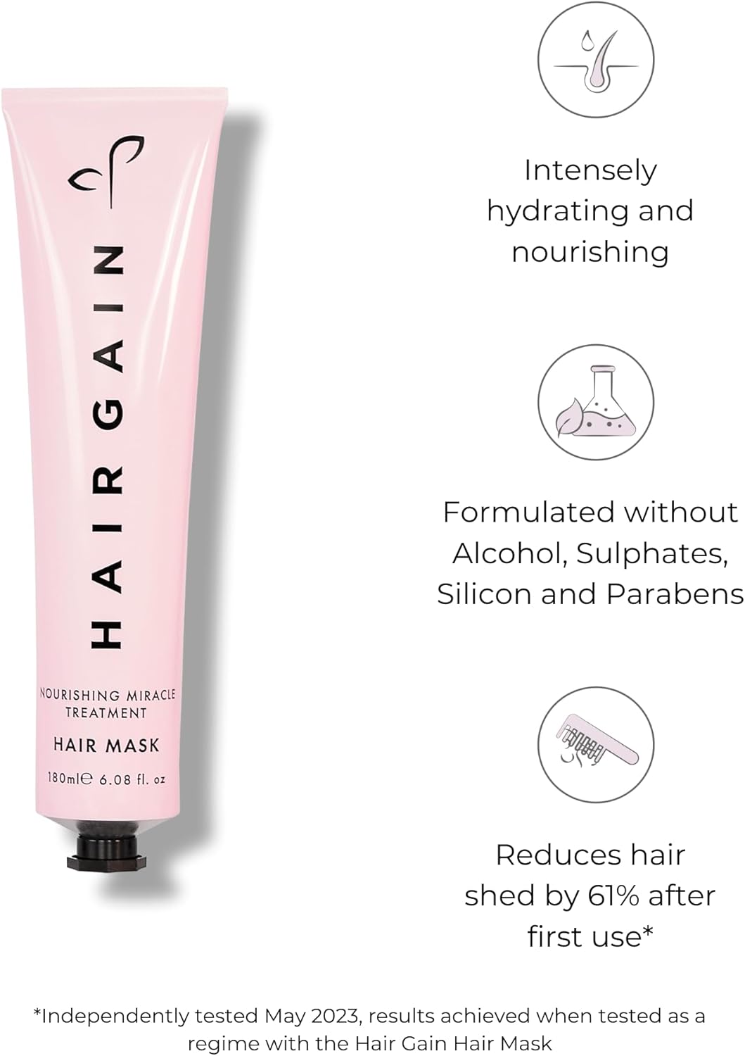 Hair Gain hair mask tube with product features on a white background