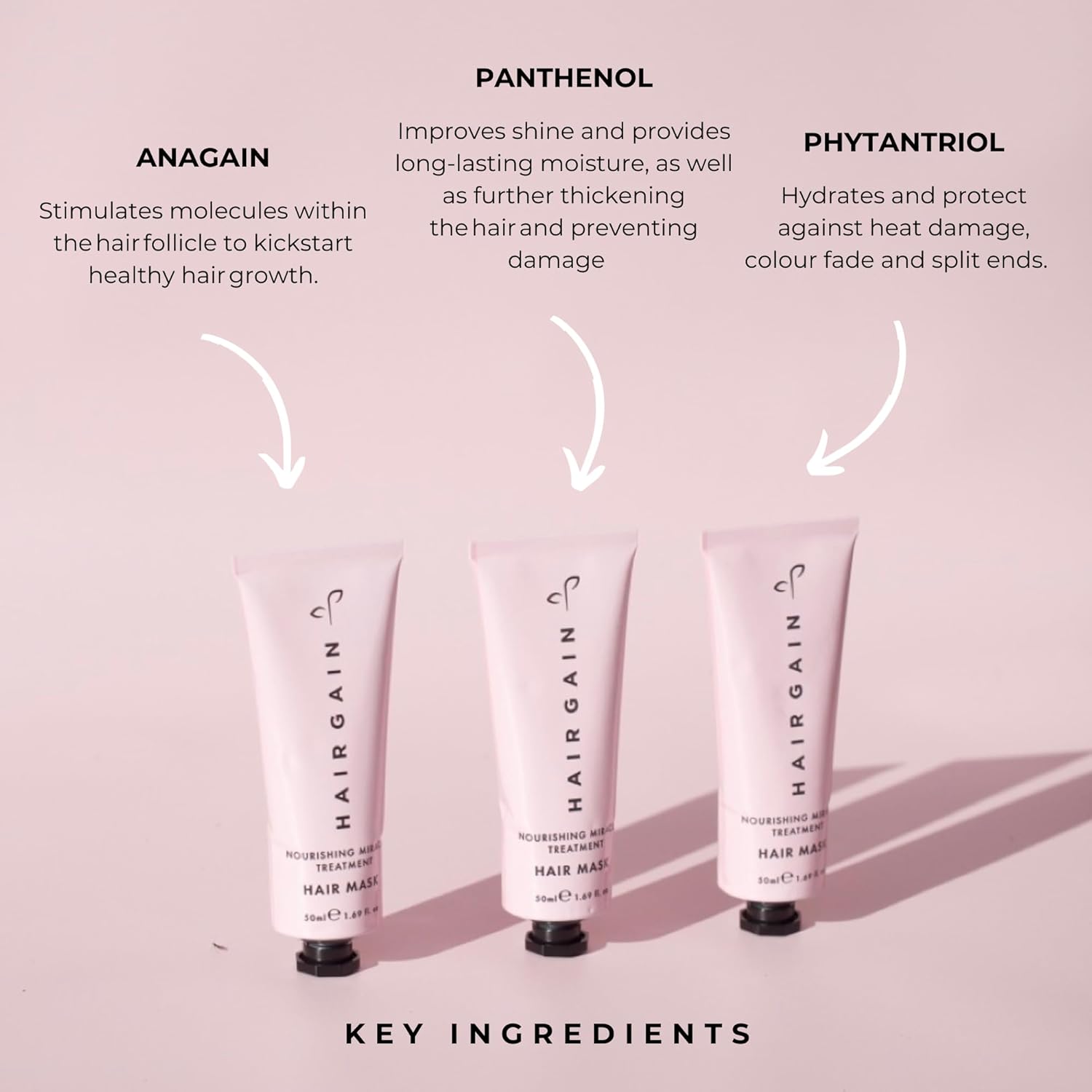Three Hair Gain hair mask tubes with key ingredients listed on a pink background