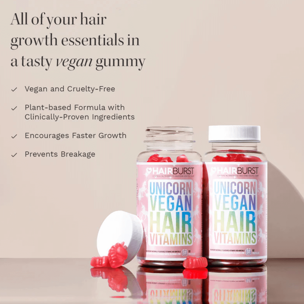 Hairburst Unicorn Vegan Hair Vitamins gummies in a stylish bottle; promotes hair growth and prevents breakage.
