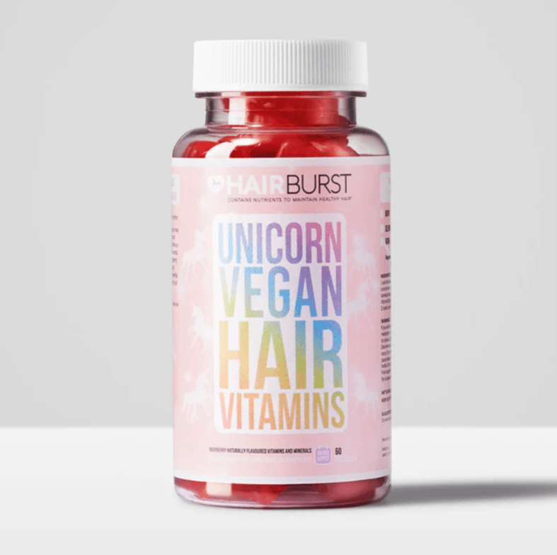 Hairburst Unicorn Vegan Hair Vitamins bottle for healthy hair growth with 100% vegan ingredients.