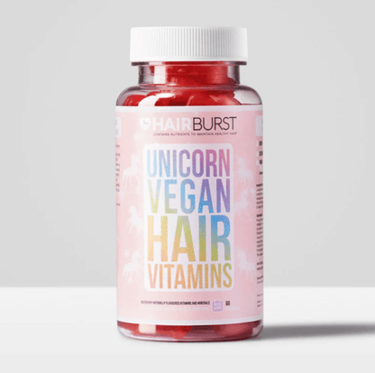 Hairburst Unicorn Vegan Hair Vitamins bottle for healthy hair growth with 100% vegan ingredients.