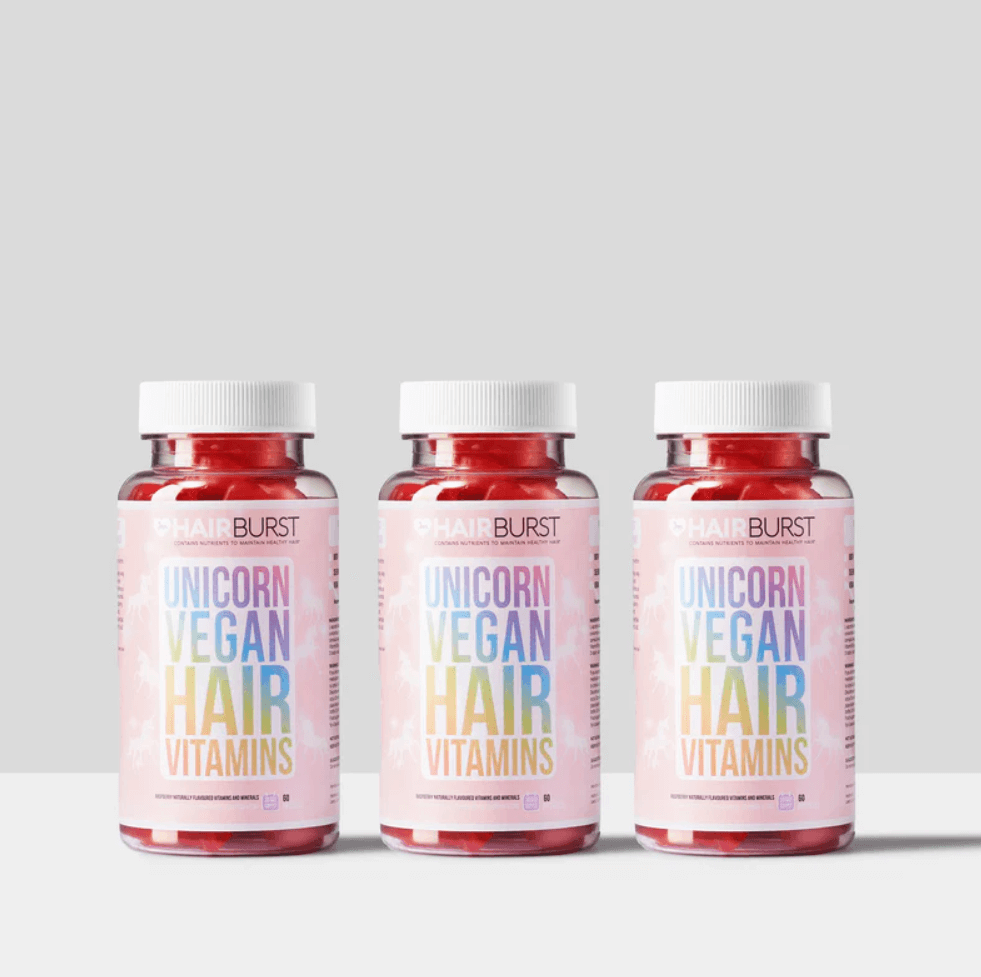 Hairburst Unicorn Vegan Hair Vitamins bottles showcasing vibrant label, designed to revitalize and strengthen hair naturally.