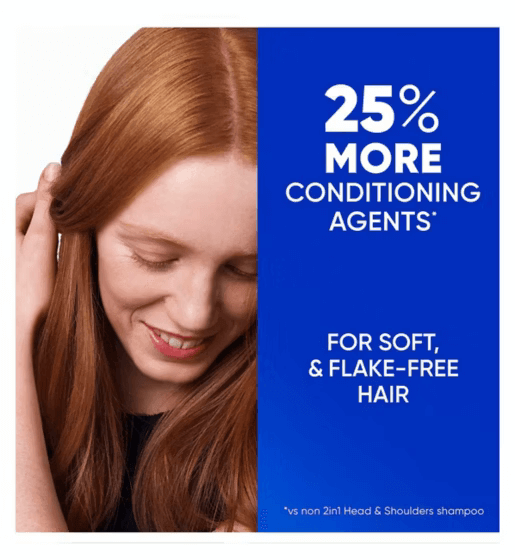 Head & Shoulders Classic Clean 2in1 Anti Dandruff Shampoo 250ml advertisement highlighting 25% more conditioning agents.