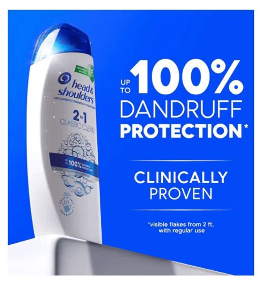 Head & Shoulders Classic Clean 2in1 Anti Dandruff Shampoo 250ml with 100% dandruff protection shown against a blue background.