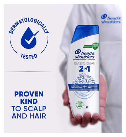 Head & Shoulders Classic Clean 2in1 Anti Dandruff Shampoo 250ml in hand, dermatologically tested for scalp and hair.