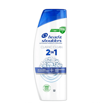 Head & Shoulders Classic Clean 2in1 Anti Dandruff Shampoo 250ml bottle with clean and moisturised hair benefits.