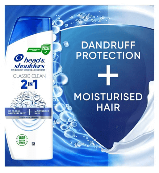 Head & Shoulders Classic Clean 2in1 Anti Dandruff Shampoo 250ml bottle with dandruff protection and moisturised hair features.