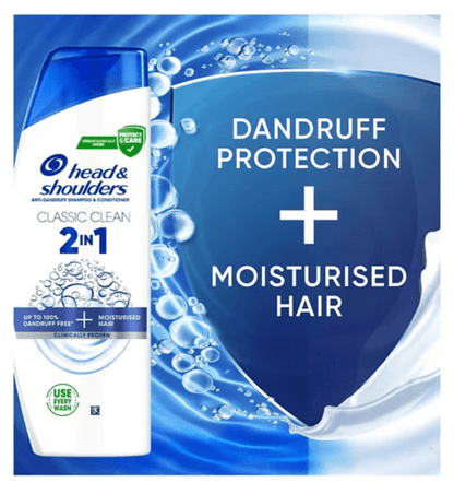 Head & Shoulders Classic Clean 2in1 Anti Dandruff Shampoo 250ml bottle with dandruff protection and moisturised hair features.