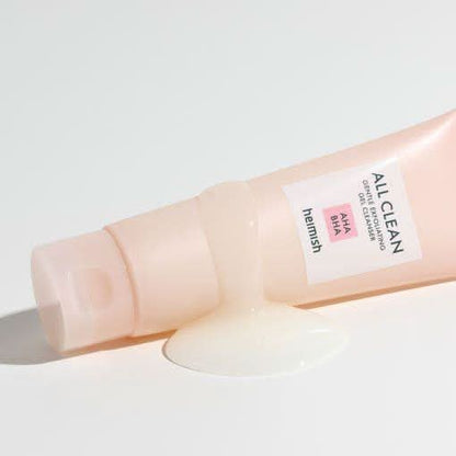 Heimish All Clean Gentle Exfoliating Gel Cleanser 130ml with AHA and BHA, shown in a tube with gel oozing out.