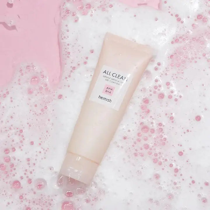 Heimish All Clean Gentle Exfoliating Gel Cleanser in bubbly pink foam background, 130ml, AHA and BHA formulated.
