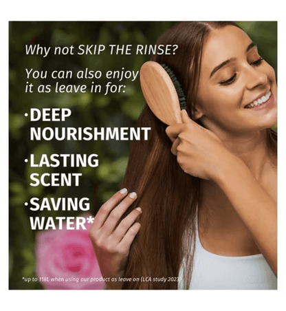 Smiling woman brushing hair promoting benefits of skipping rinse: deep nourishment, lasting scent, saving water.
