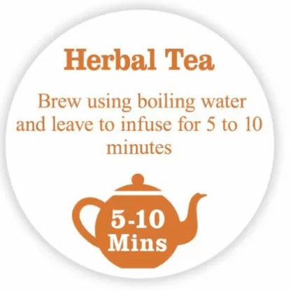Guide for brewing herbal tea using boiling water for 5-10 minutes infusion.