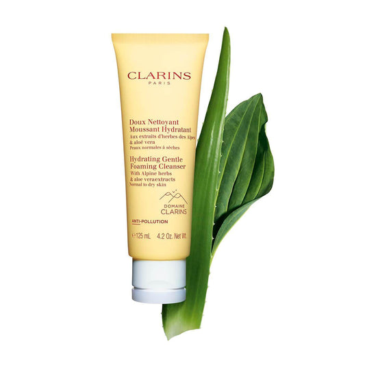 Clarins Hydrating Gentle Foaming Cleanser 125ml tube with aloe vera, anti-pollution formula for normal to dry skin.