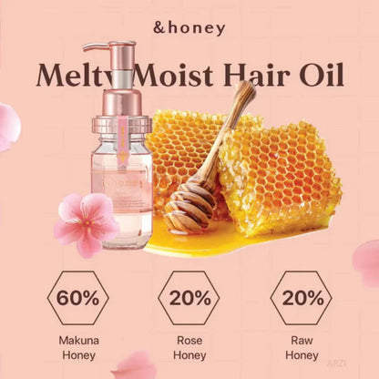 Advertisement for Melty Moist Hair Oil with honeycomb, flowers, and honey dipper on a pink background.