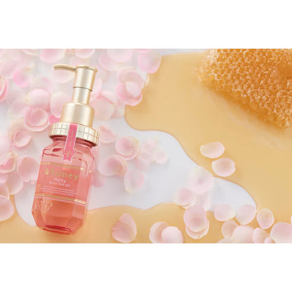 Skincare serum bottle with pink liquid on a textured yellow background with floral elements