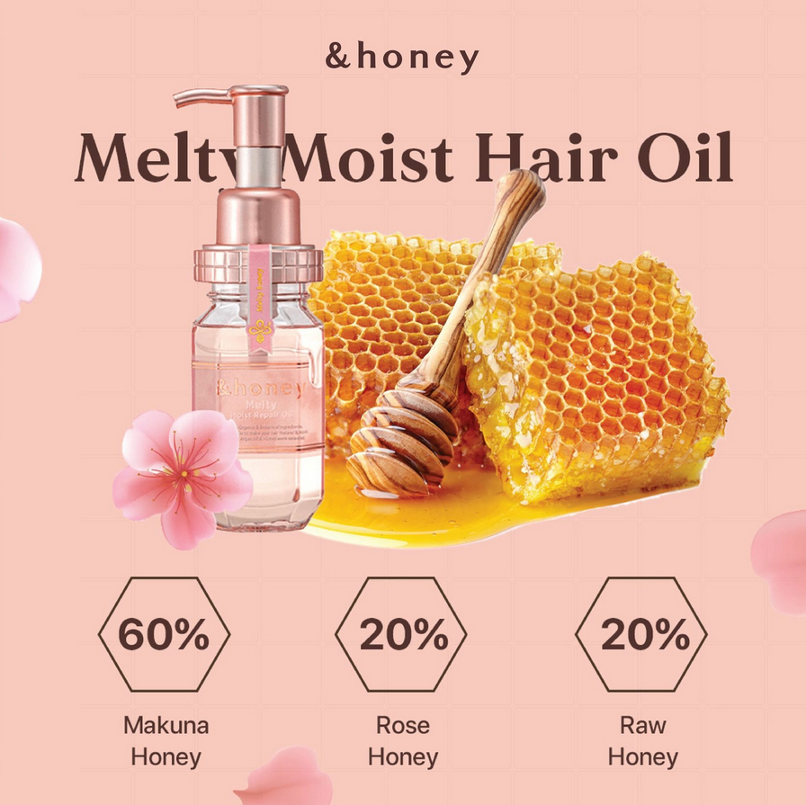 Advertisement for &honey Melty Moist Hair Oil with honeycomb, honey dipper, and floral elements on a pink background.