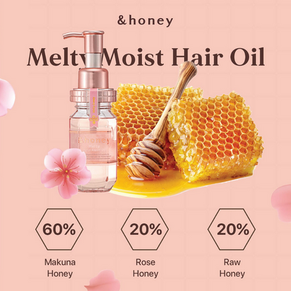 Advertisement for &honey Melty Moist Hair Oil with honeycomb, honey dipper, and floral elements on a pink background.