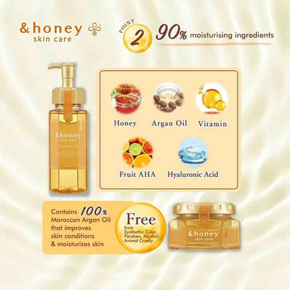 &honey skin care products with ingredients listed on a beige background