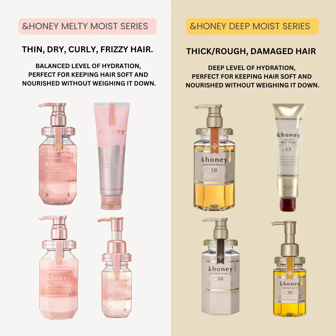 Honey Melty Moist and Honey Deep Moist hair care product series on a beige background.