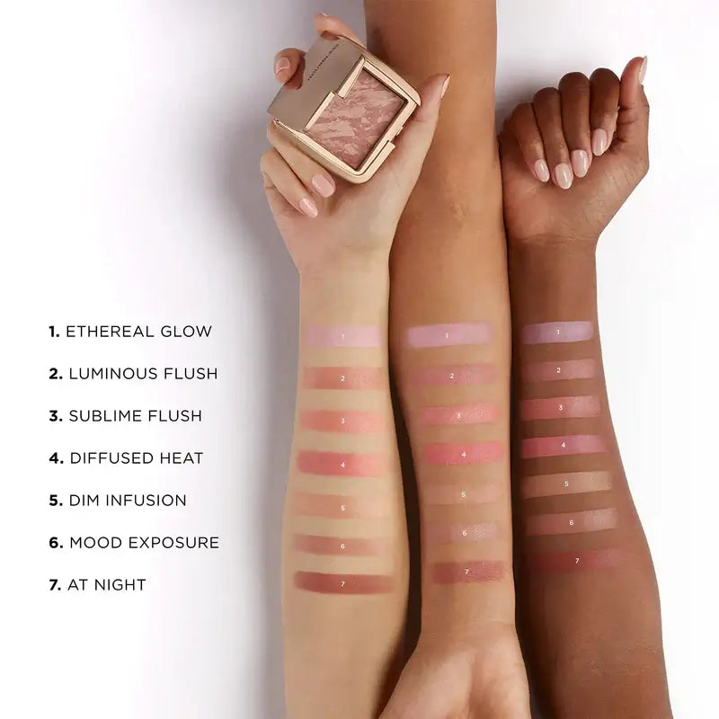 Swatches of Hourglass Ambient Lighting Blush At Night on diverse skin tones showcasing shades like Ethereal Glow and Mood Exposure.