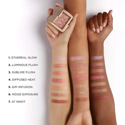 Swatches of Hourglass Ambient Lighting Blush At Night on diverse skin tones showcasing shades like Ethereal Glow and Mood Exposure.