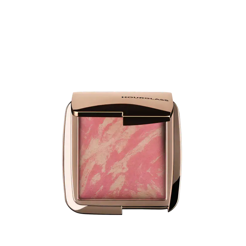 Hourglass Ambient Lighting Blush At Night featuring a marbled pink and beige design in a sleek compact.