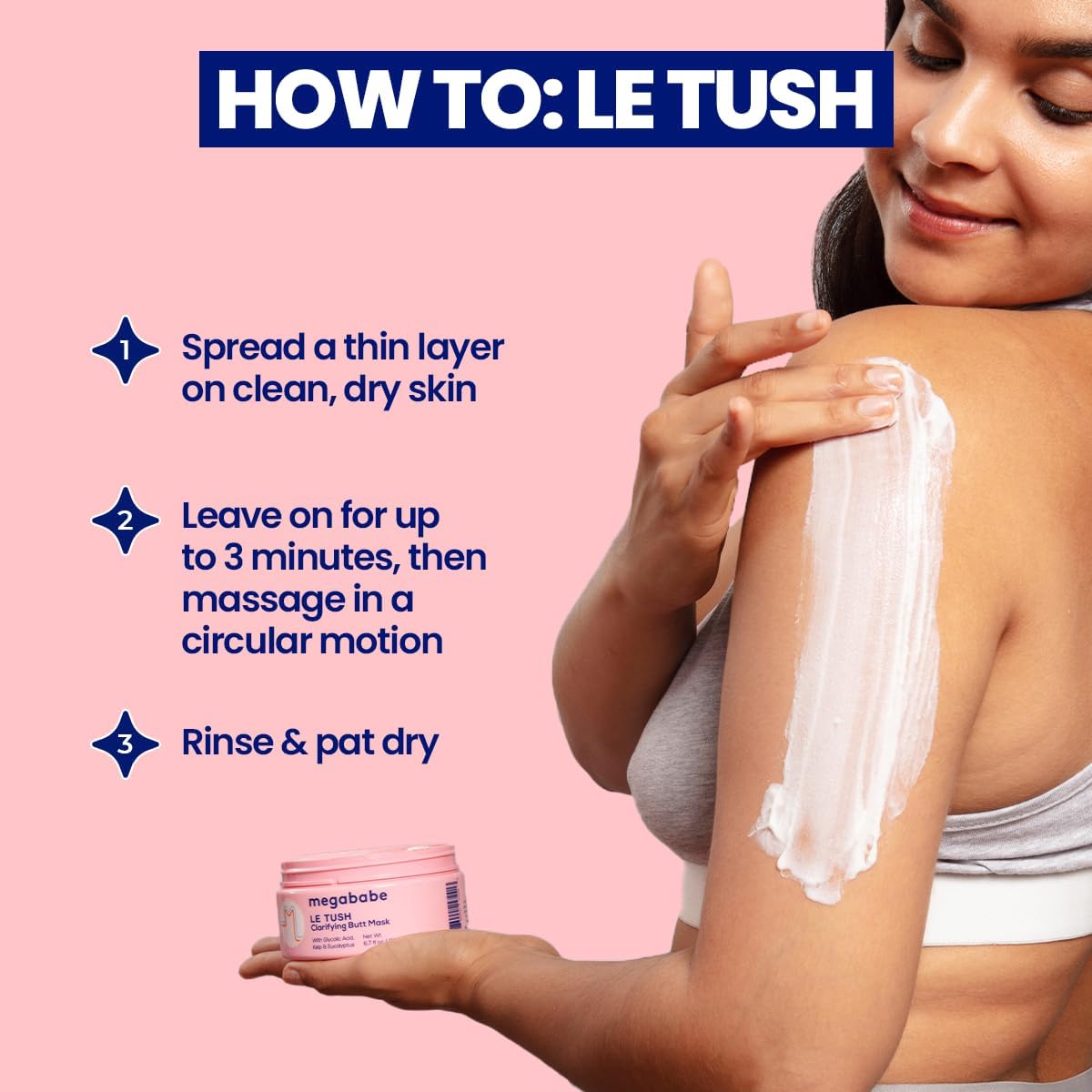 Woman applying a Megababe product to her shoulder with text on how to use it, against a pink background.